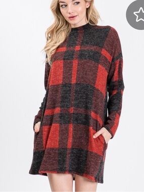 Cozy Red & Charcoal Plaid Trapeze Dress